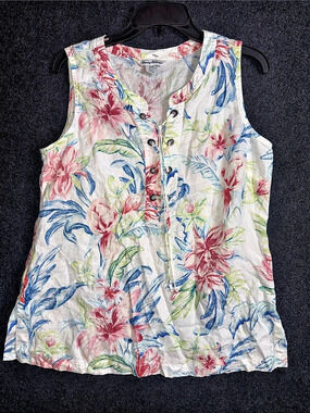 Tommy Bahama Floral Lace-Up Blouse in White & Pink Size Small